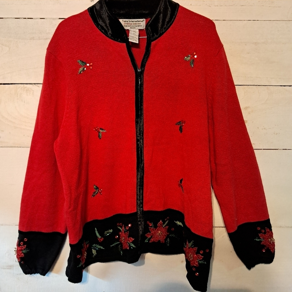 Tiara International Christmas Collec. Red Sweater Poinsettia Mistletoe Size XL